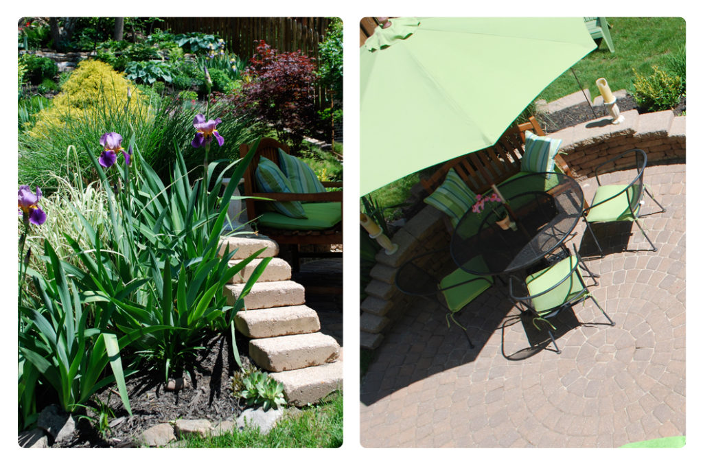 paver patio with lime green Ballard Design cusions