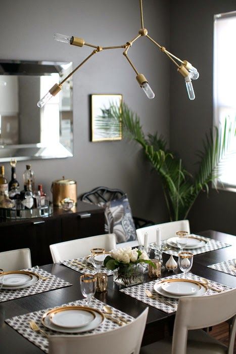 19 Erika Brechtel dining room DIY chandelier Stone Textile placemats DwellStudio pillows mirror bar