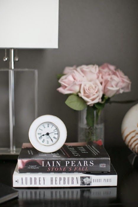 4 Erika Brechtel bedroom hers nightstand roses clock books crystal block lamp
