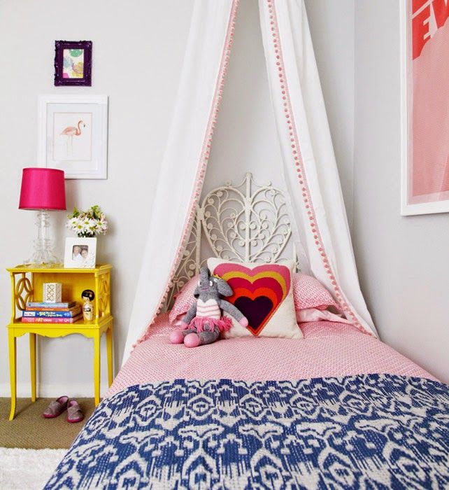 46 Erika Brechtel girl room cute bohemian pink blue DIY canopy peacock headboard kantha quilt yellow nightstand