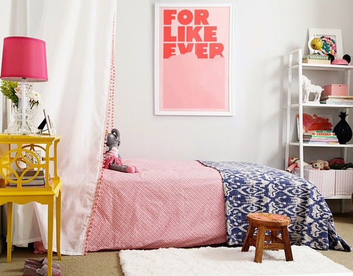 48 Erika Brechtel girl room cute bohemian pink blue For Like Ever kantha quilt yellow nightstand bookshelf