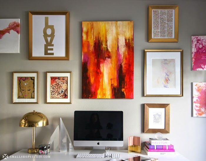 81 Erika Brechtel office gallery wall desk pink yellow gold brass lamp