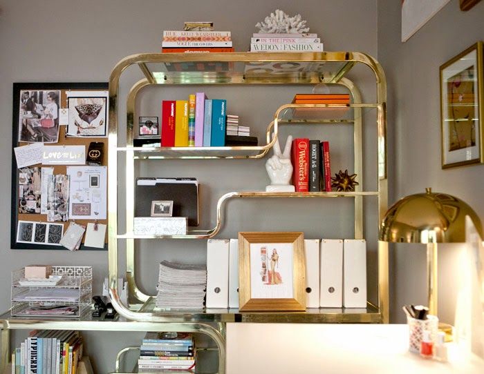 83 Erika Brechtel office vintage brass etagere bookshelf pinboard