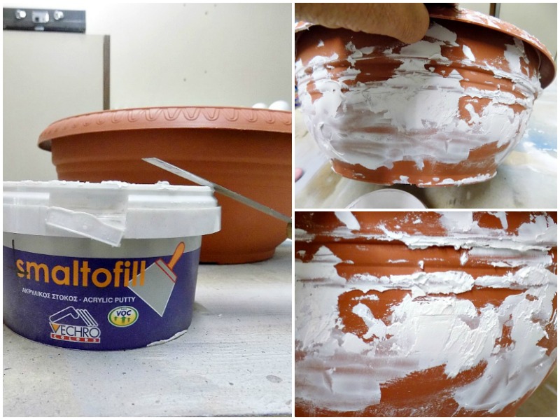 Creating layers with acrylic putty on a plastic flower pot