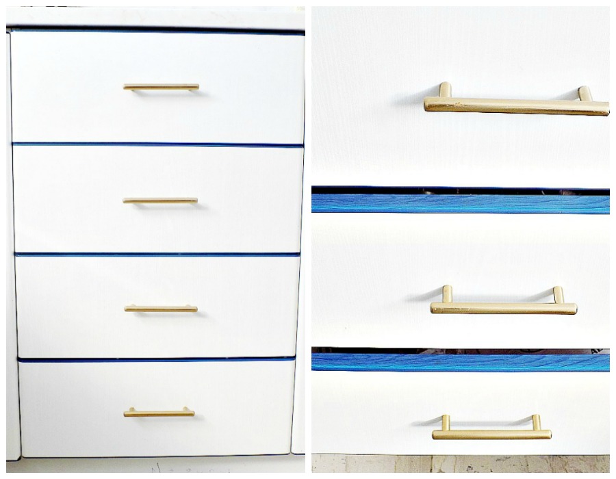 Kitchen cabinet with blue details, brass handles