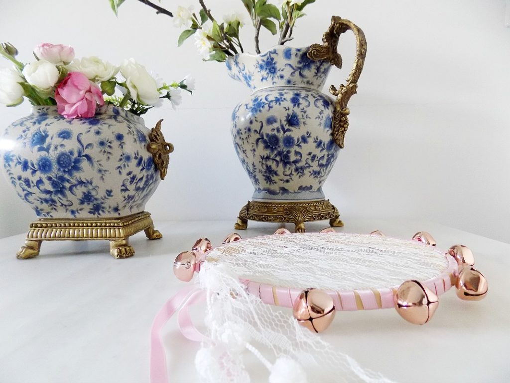 Jingle lace tambourine diy, white and pink flowers, white blue porcelain vase