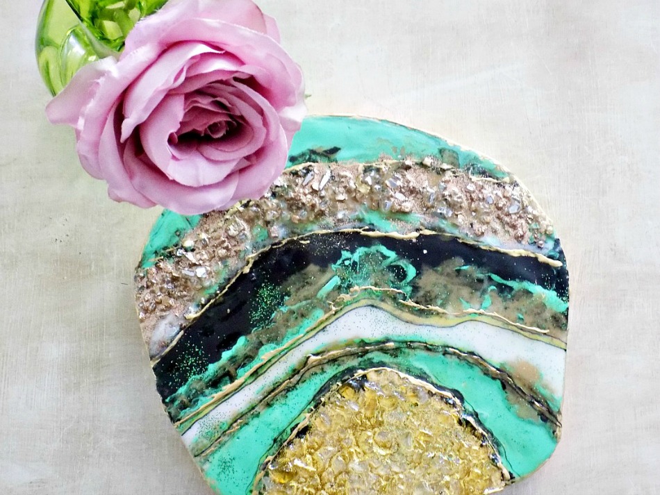 Green geode with resin and crystals