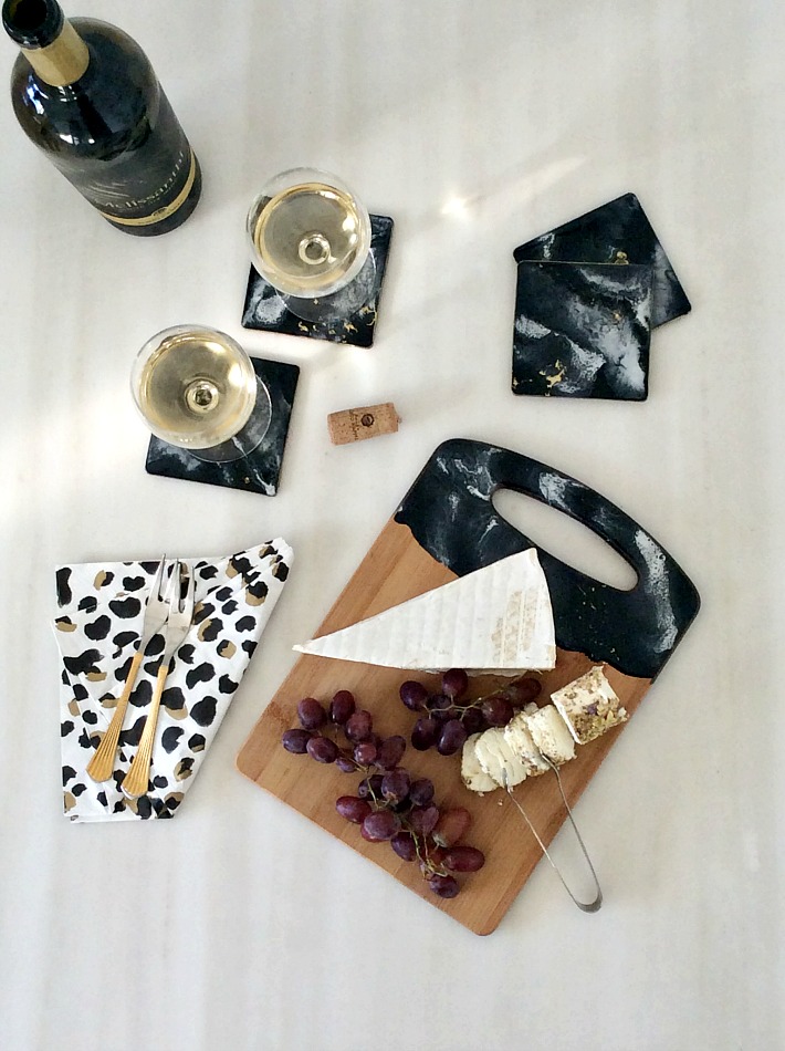 Black and white marble resin coasters and serving board