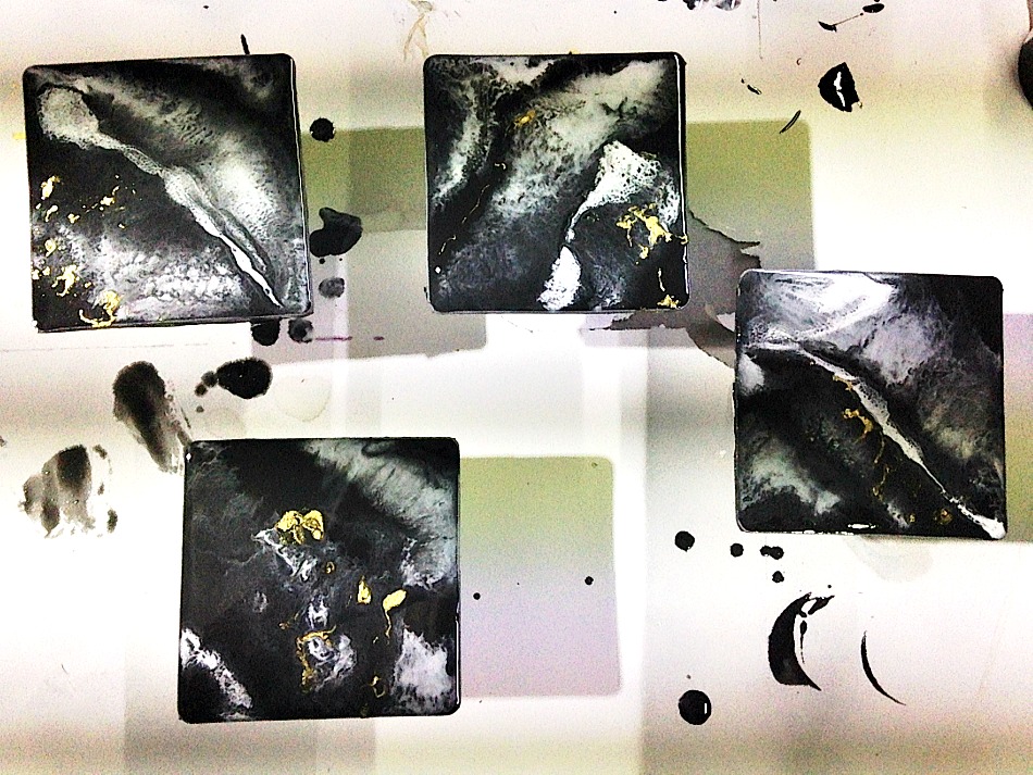 Resin black, white marbled coasters, gold details