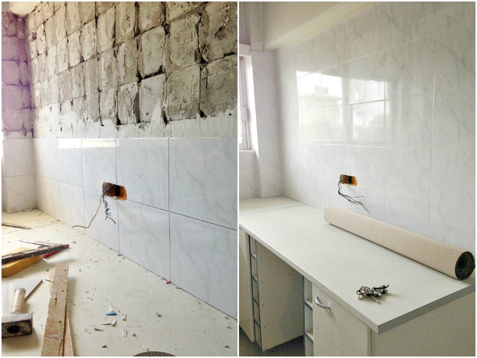 Ανακαίνιση κουζίνας στο καινούργιο σπίτι, White marble tiles, kitchen renovation
