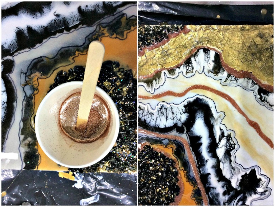 Υφές και γήινοι τόνοι σε πίνακα γεώδιο φτιαγμένο από υγρό γυαλί αναμεμειγμένο με χρώματα, γκλίτερ και κρύσταλλα