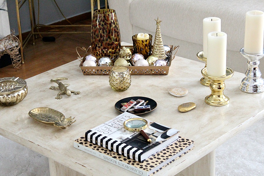 Coffe table christmas decor, gold, silver, toirtoise, black