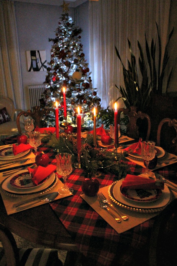 New Year's Eve red plaid tablescape