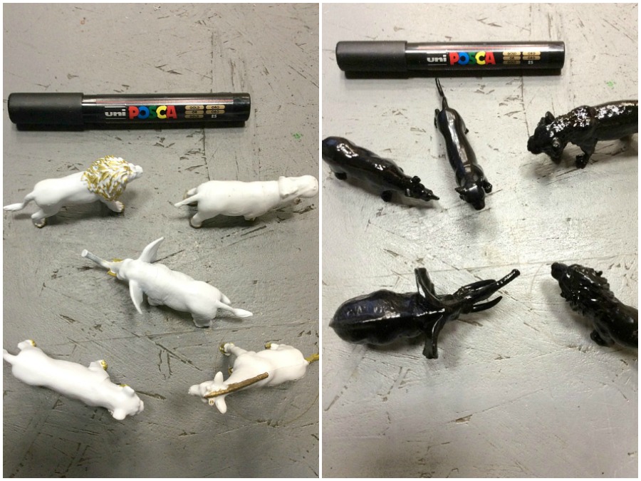 Black and white plastic animals, gold details | Tic tac toe diy